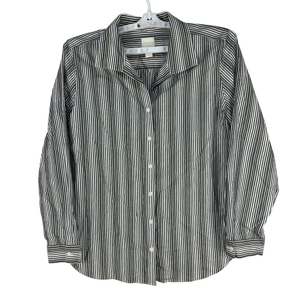 Chicos Womens Button Up Striped Shirt Size 2 Black White Long Sleeve